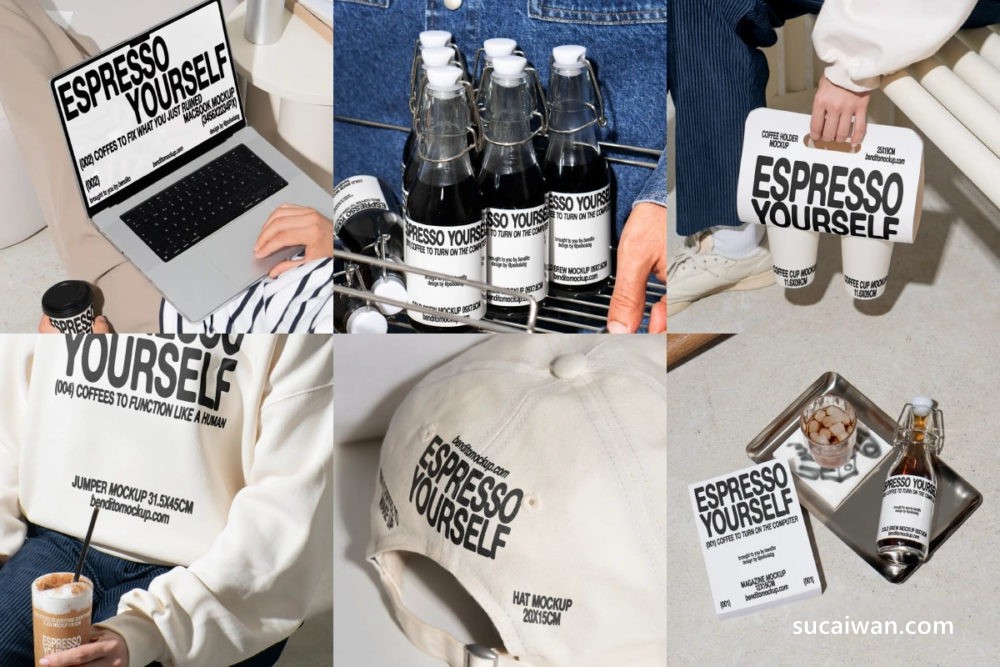 10款国外高级玻璃瓶外卖纸杯MacBook电脑卫衣棒球帽画册玻璃贴纸咖啡Vi品牌设计展示效果图PSD样机模板Bendito Mockup – Espresso Yourself Mockup Vol 2 样机素材 sucaiwan.com