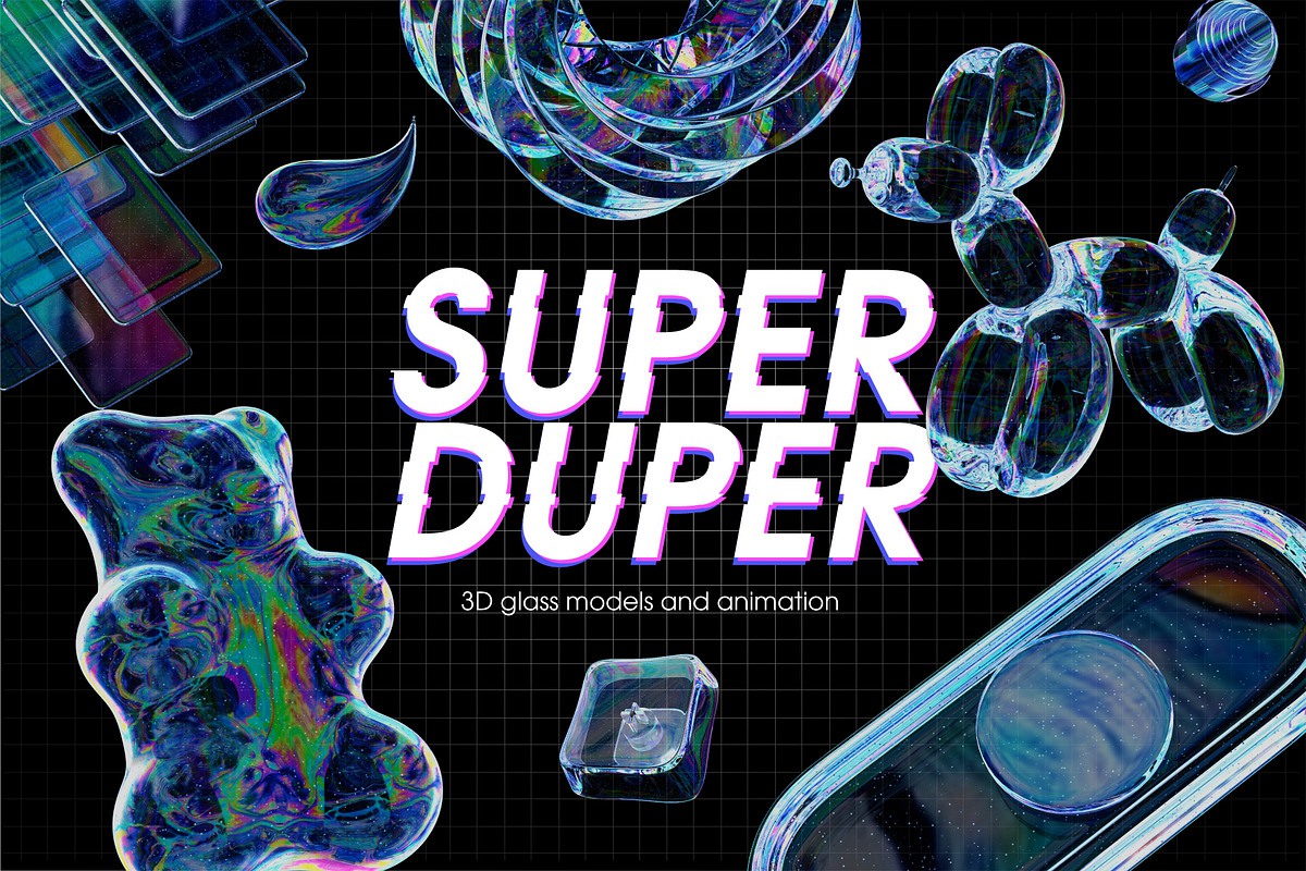 12款科幻全息镭射透明玻璃水晶3d潮流几何mov动态图形/png免抠图套装Super Duper 3d models & animation 图片素材 sucaiwan.com