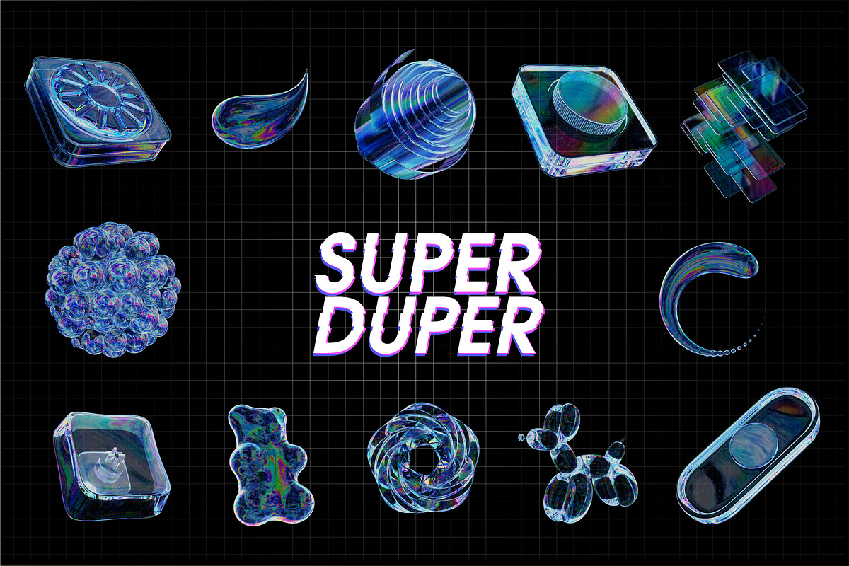 12款科幻全息镭射透明玻璃水晶3d潮流几何mov动态图形/png免抠图套装Super Duper 3d models & animation 图片素材 sucaiwan.com