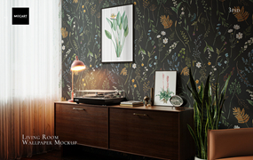 逼真客厅室内墙壁墙纸设计展示效果图psd源文件样机模板素材Living Room Wallpaper Mockup v5