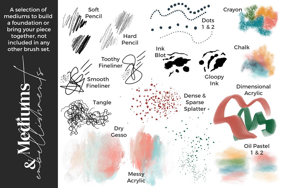 50款动态混合铅笔细线水墨粉笔蜡笔油画丙烯酸飞溅图章procreate笔刷画笔素材Alainajensen – Mixed Media Collage Brushes for Procreate 笔刷资源 第4张-素材湾丨精选海外优质设计素材资源 50款动态混合铅笔细线水墨粉笔蜡笔油画丙烯酸飞溅图章procreate笔刷画笔素材Alainajensen – Mixed Media Collage Brushes for Procreate 笔刷资源 sucaiwan.com