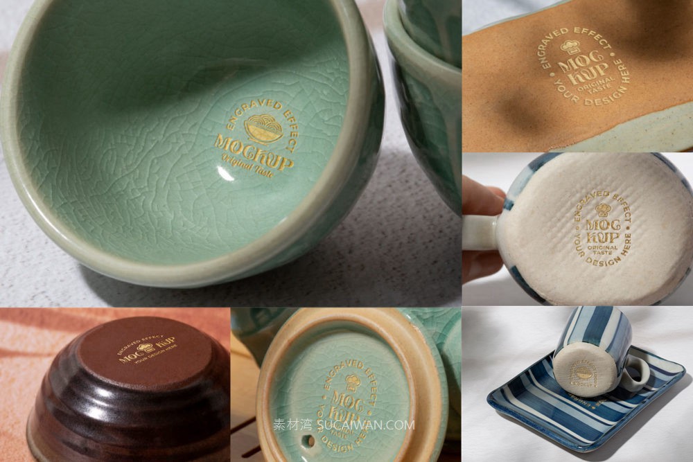 17款真实拍摄陶瓷器皿瓷碗瓷盘品牌vi标志logo设计展示贴图psd样机模板Porcelain Piece Engraved Mockup 样机素材 sucaiwan.com