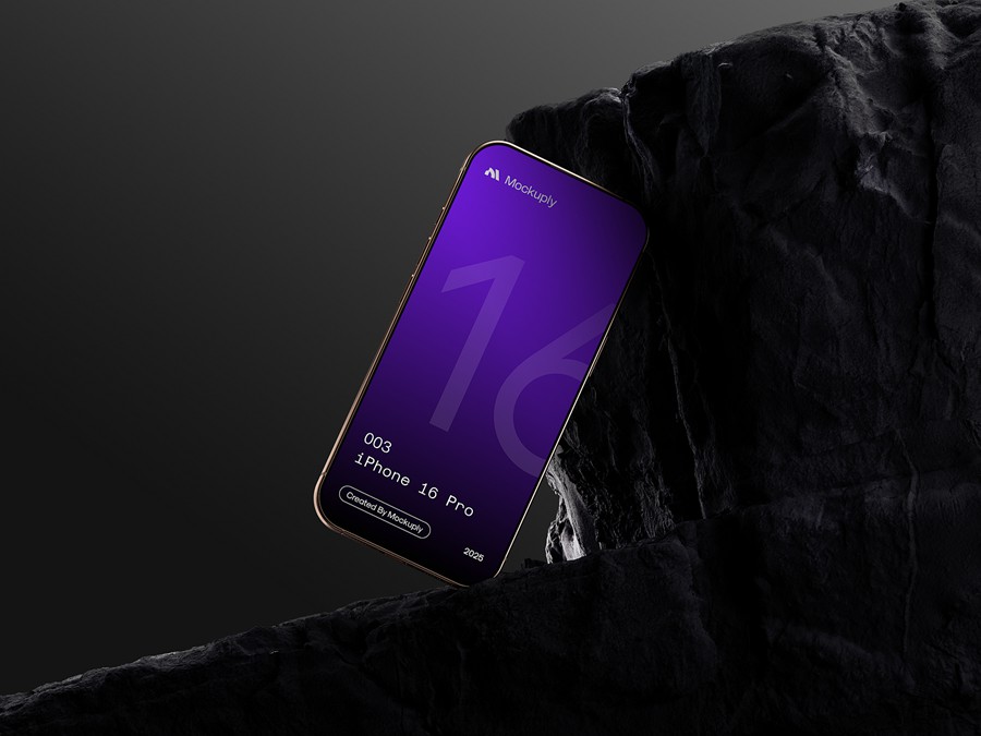 6款4K高清暗黑系岩石背景ui广告界面设计苹果iPhone 16 Pro手机贴图psd样机模板iPhone 16 Pro 003, Mockuply 样机素材 sucaiwan.com