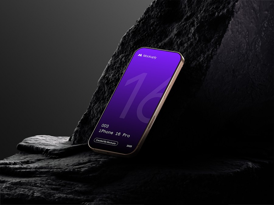 6款4K高清暗黑系岩石背景ui广告界面设计苹果iPhone 16 Pro手机贴图psd样机模板iPhone 16 Pro 003, Mockuply 样机素材 sucaiwan.com