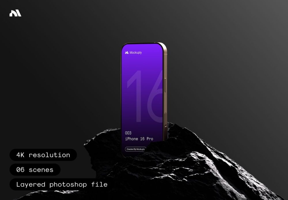 6款4K高清暗黑系岩石背景ui广告界面设计苹果iPhone 16 Pro手机贴图psd样机模板iPhone 16 Pro 003, Mockuply 样机素材 sucaiwan.com