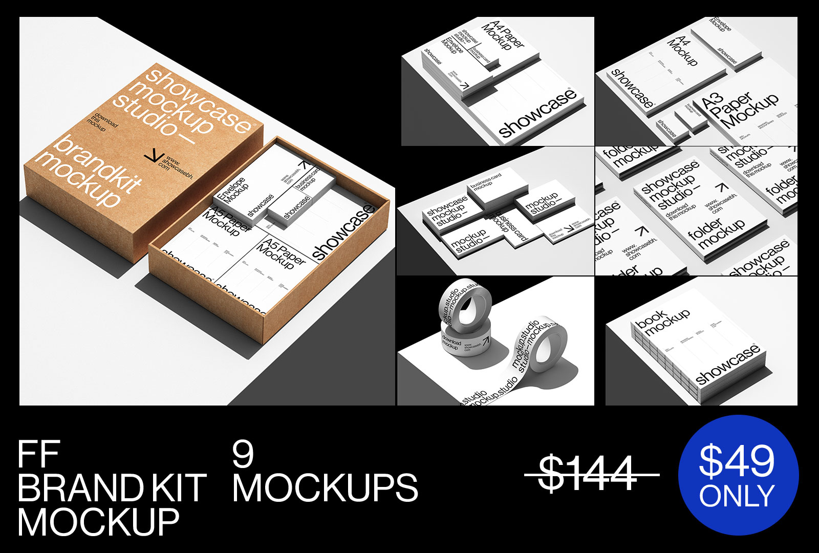 FF_Brandkit Bundle by Showcase Mockup 9款高级国外名片文件夹信封信纸活页夹品牌书胶带画册品牌vi设计ps贴图样机模板 样机素材 sucaiwan.com