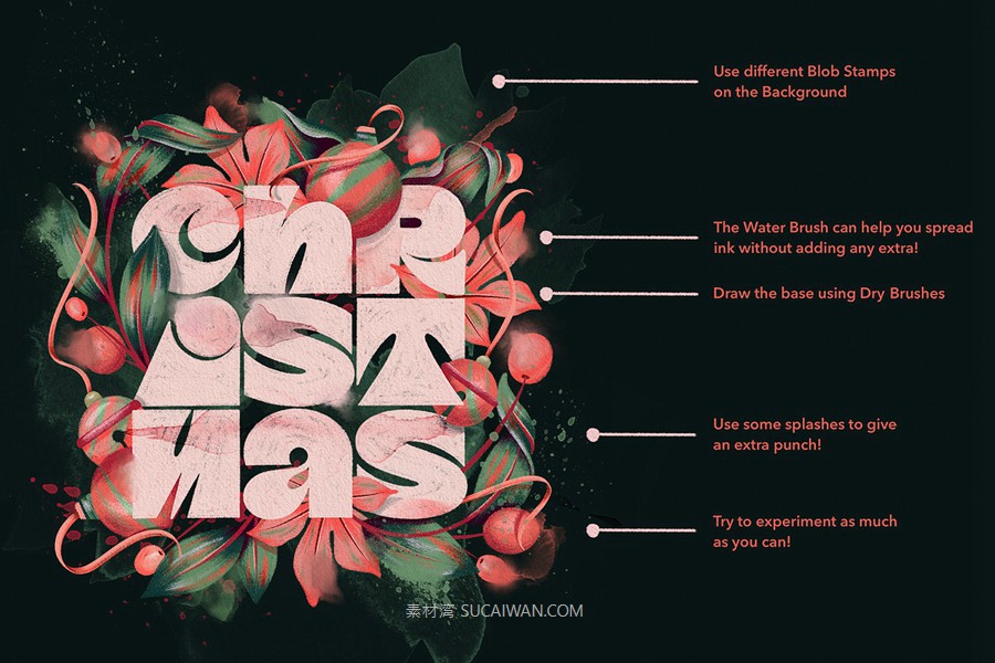 70款水墨水彩干画笔飞溅绘画效果procreate笔刷画笔画布纹理设计素材套装Wet & Dry Procreate Brush Set 笔刷资源 sucaiwan.com