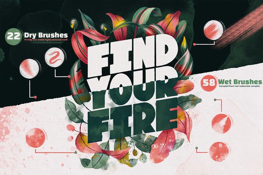 70款水墨水彩干画笔飞溅绘画效果procreate笔刷画笔画布纹理设计素材套装Wet & Dry Procreate Brush Set 笔刷资源 sucaiwan.com