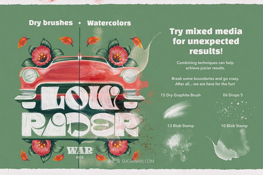 70款水墨水彩干画笔飞溅绘画效果procreate笔刷画笔画布纹理设计素材套装Wet & Dry Procreate Brush Set 笔刷资源 sucaiwan.com