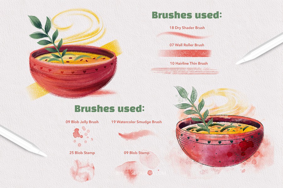 70款水墨水彩干画笔飞溅绘画效果procreate笔刷画笔画布纹理设计素材套装Wet & Dry Procreate Brush Set 笔刷资源 sucaiwan.com