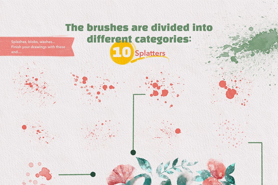 70款水墨水彩干画笔飞溅绘画效果procreate笔刷画笔画布纹理设计素材套装Wet & Dry Procreate Brush Set 笔刷资源 sucaiwan.com