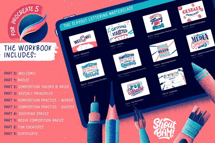 全面Procreate大师班绘画教程+铅笔蜡笔水墨海绵喷雾器笔刷素材套装The Slayout Lettering Masterclass 笔刷资源 第22张-素材湾丨精选海外优质设计素材资源 全面Procreate大师班绘画教程+铅笔蜡笔水墨海绵喷雾器笔刷素材套装The Slayout Lettering Masterclass 笔刷资源 sucaiwan.com