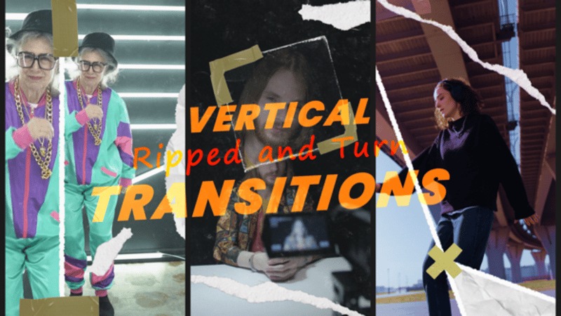 AE模板 复古胶带撕纸纸片拼贴定格动画视频转场特效素材Vertical Rip Paper Transitions , sucaiwan.com
