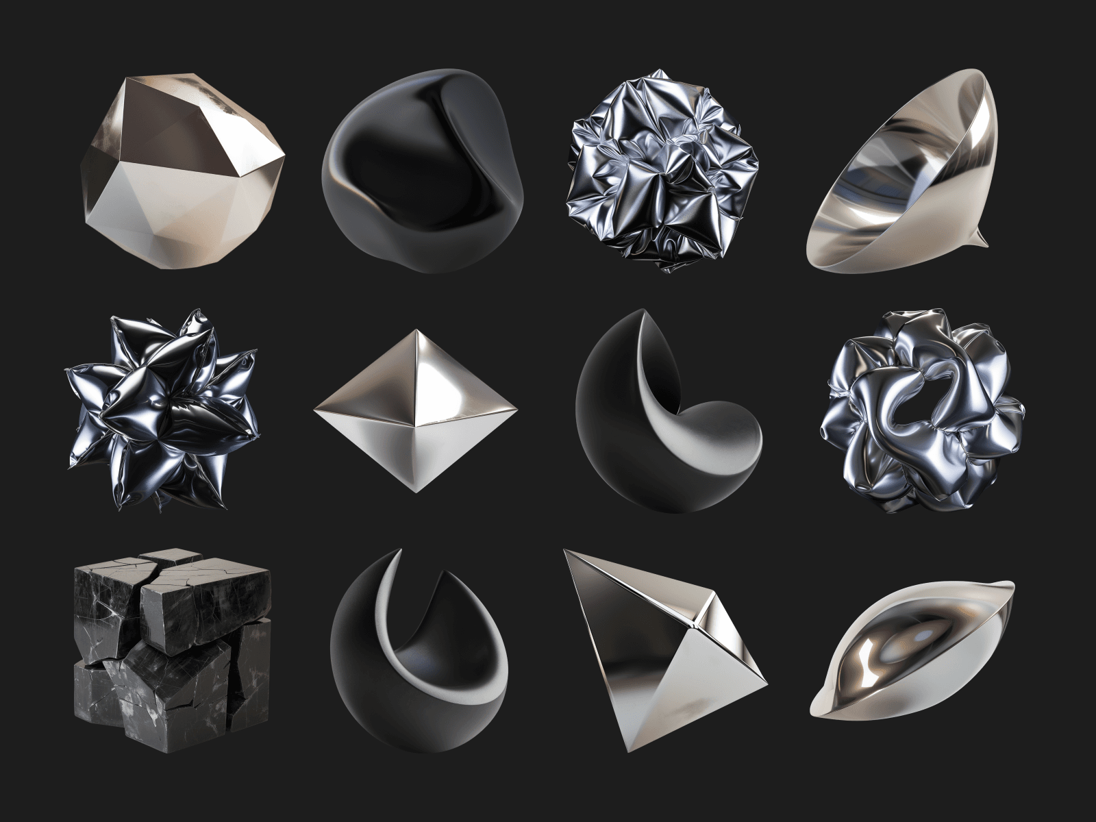 16款现代科技感金属镀铬3D立体抽象艺术几何图形插图设计PNG/Figma格式素材 Uniority by Сraftwork , sucaiwan.com