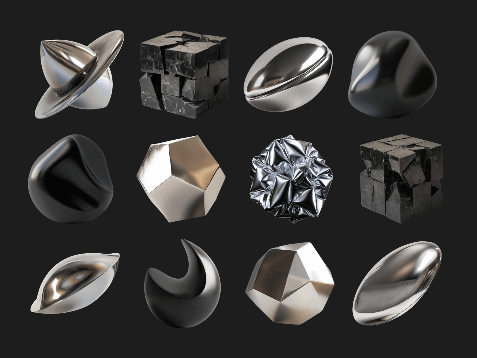 16款现代科技感金属镀铬3D立体抽象艺术几何图形插图设计PNG/Figma格式素材 Uniority by Сraftwork , sucaiwan.com