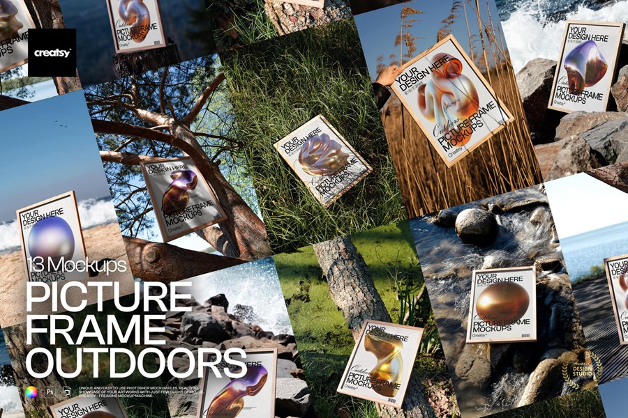 13款户外真实拍摄艺术品海报挂画设计展示效果图PS贴图木质相框样机模板 Picture Frame Mockup Set – Outdoor Edition , sucaiwan.com