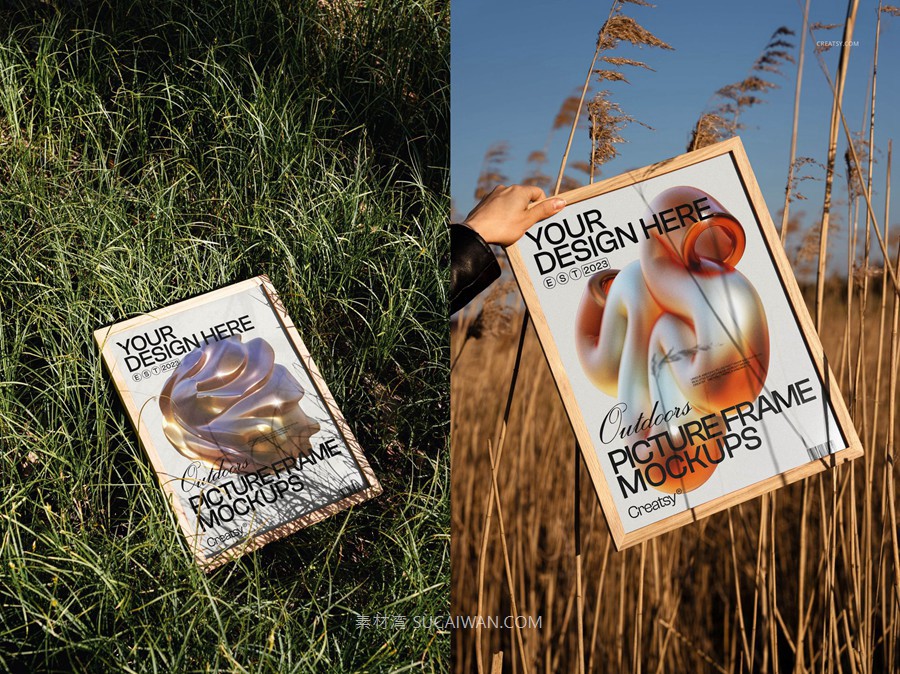13款户外真实拍摄艺术品海报挂画设计展示效果图PS贴图木质相框样机模板 Picture Frame Mockup Set – Outdoor Edition , sucaiwan.com