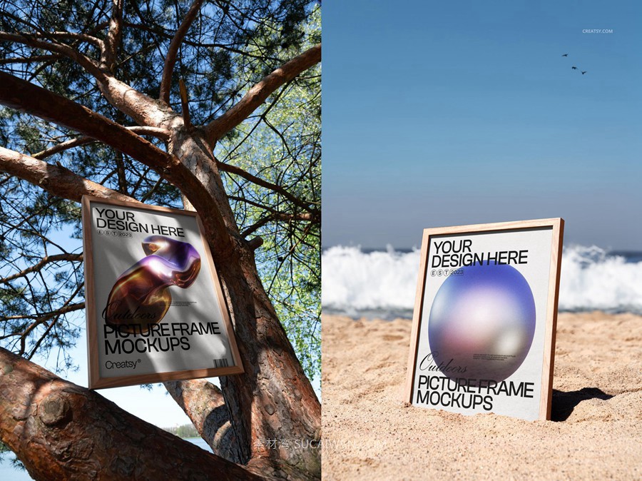 13款户外真实拍摄艺术品海报挂画设计展示效果图PS贴图木质相框样机模板 Picture Frame Mockup Set – Outdoor Edition , sucaiwan.com