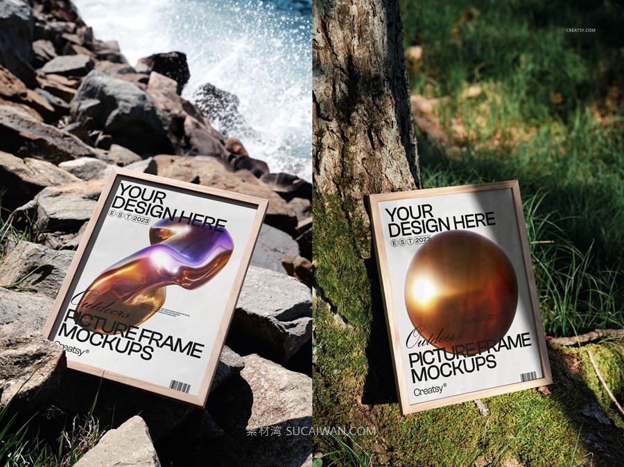 13款户外真实拍摄艺术品海报挂画设计展示效果图PS贴图木质相框样机模板 Picture Frame Mockup Set – Outdoor Edition , sucaiwan.com