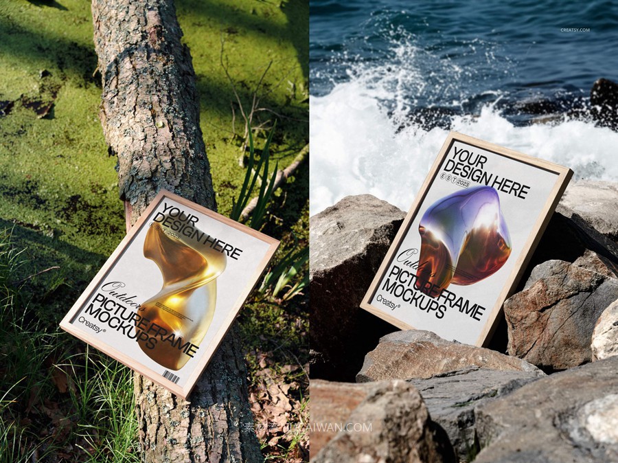 13款户外真实拍摄艺术品海报挂画设计展示效果图PS贴图木质相框样机模板 Picture Frame Mockup Set – Outdoor Edition , sucaiwan.com