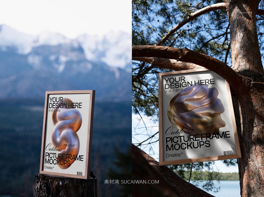 13款户外真实拍摄艺术品海报挂画设计展示效果图PS贴图木质相框样机模板 Picture Frame Mockup Set – Outdoor Edition , sucaiwan.com