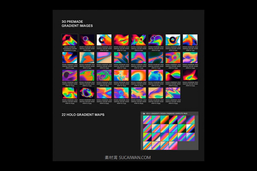 30个超现代沉浸式弥散光彩虹色液态金属纹理背景配色PSD源文件套装 Holographix — Gradient Generator 图片素材 sucaiwan.com