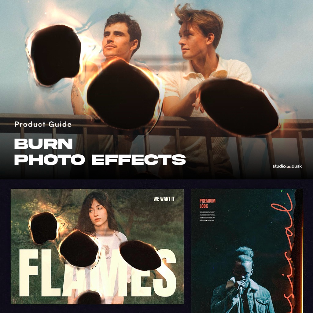 8个复古怀旧时尚燃烧撕裂毁坏痕迹照片效果Photoshop模板样机(PSD) Burn —Photo Effects 图片素材 sucaiwan.com