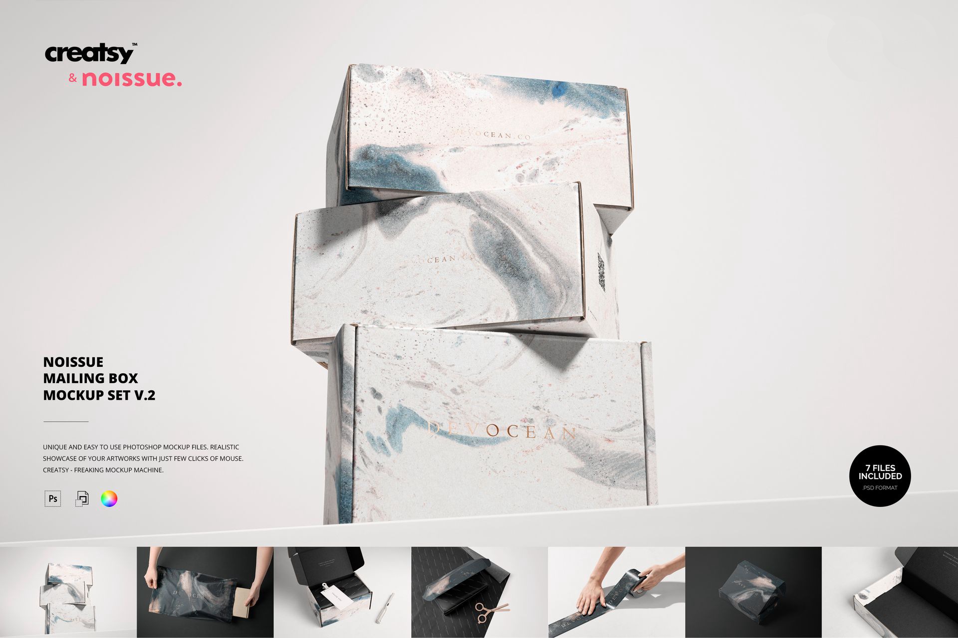 7款时尚服装鞋包装纸盒快递盒包装袋胶带VI设计展示效果图PSD样机模板Noissue Mailing Box Mockup Set v2 , sucaiwan.com