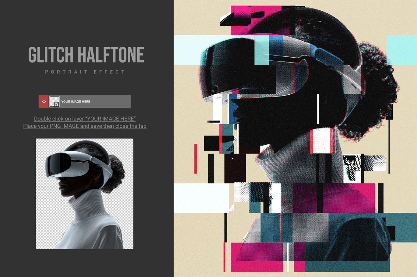 复古半色调故障失真纹理照片效果ps特效滤镜样机 Glitch Halftone Portrait Effect , 第1张-素材湾丨精选海外优质设计素材资源 复古半色调故障失真纹理照片效果ps特效滤镜样机 Glitch Halftone Portrait Effect , sucaiwan.com