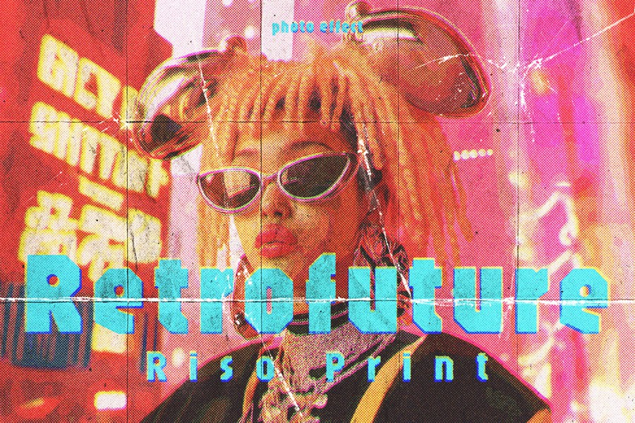 复古半色调褶皱划痕y2k照片效果ps特效滤镜样机 Folded Retrofuturistic Comics Risograph Effect , sucaiwan.com