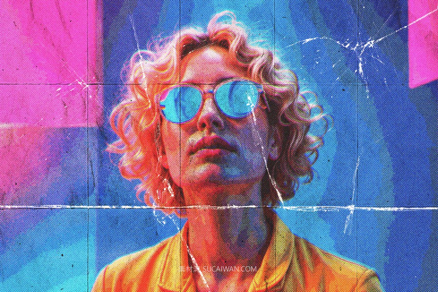 复古半色调褶皱划痕y2k照片效果ps特效滤镜样机 Folded Retrofuturistic Comics Risograph Effect , sucaiwan.com