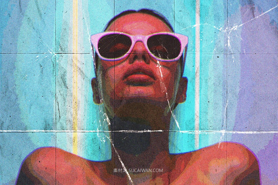 复古半色调褶皱划痕y2k照片效果ps特效滤镜样机 Folded Retrofuturistic Comics Risograph Effect , sucaiwan.com