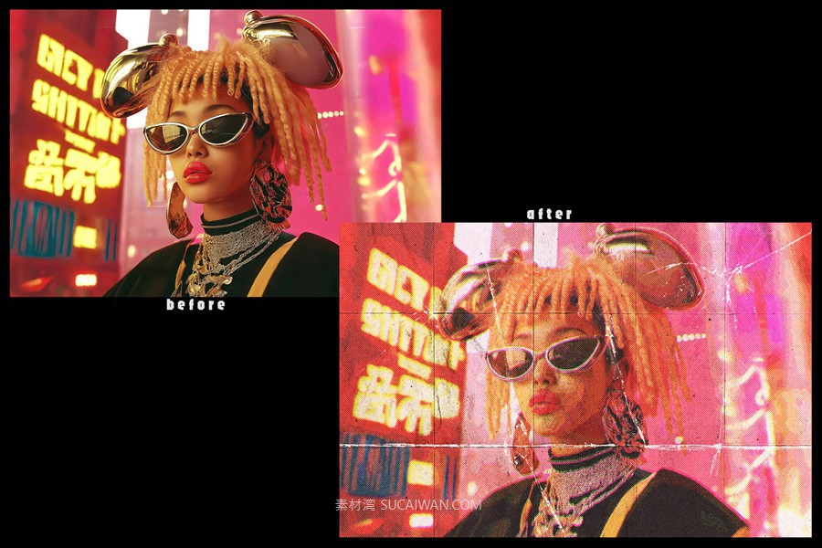 复古半色调褶皱划痕y2k照片效果ps特效滤镜样机 Folded Retrofuturistic Comics Risograph Effect , sucaiwan.com