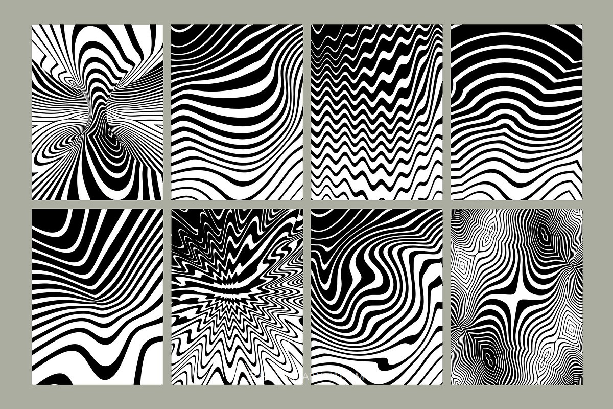 70 年代抽象艺术线条条纹波浪几何AI矢量无缝图案印花背景设计套装 Groovy Abstract Textures , sucaiwan.com