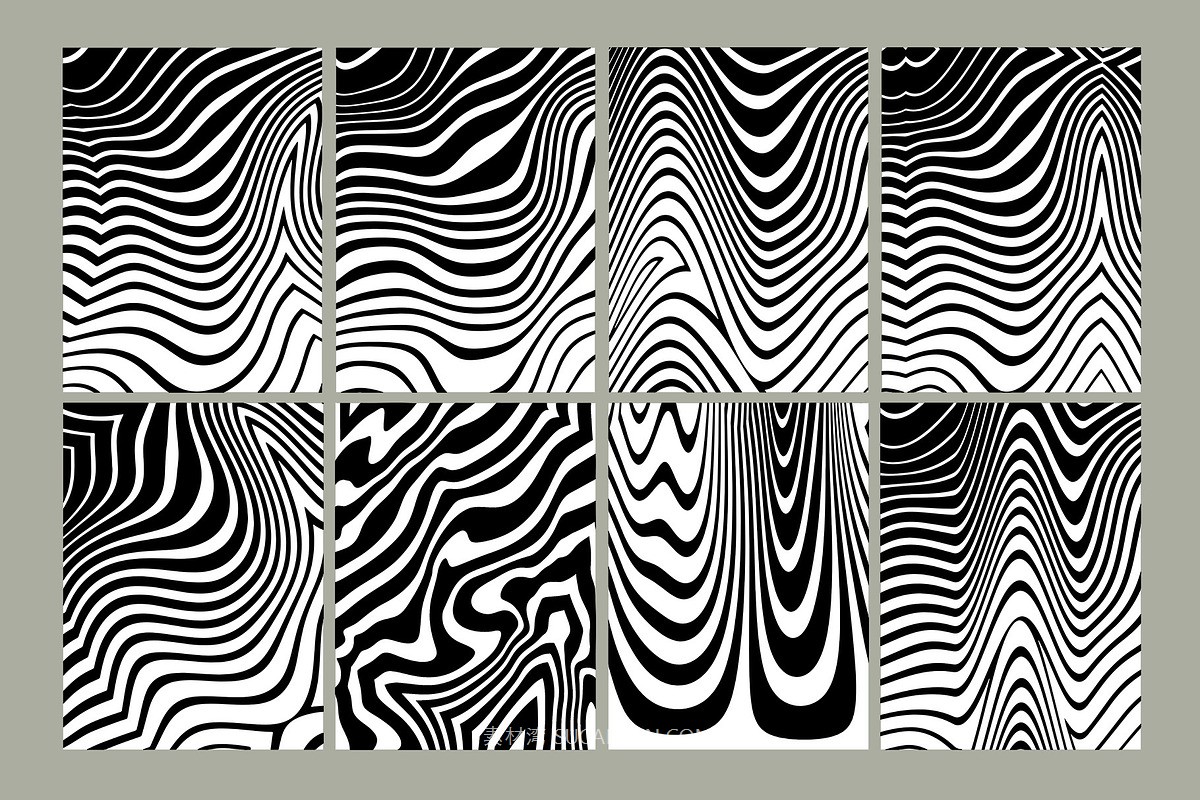 70 年代抽象艺术线条条纹波浪几何AI矢量无缝图案印花背景设计套装 Groovy Abstract Textures , sucaiwan.com