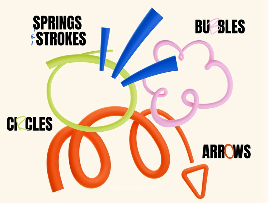 30+款现代俏皮3D涂鸦手绘箭头对勾对话框前卫潮流图形Blender/PNG/FBX格式素材 Colorful 3D Scribble Elements 图片素材 第5张-素材湾丨精选海外优质设计素材资源 30+款现代俏皮3D涂鸦手绘箭头对勾对话框前卫潮流图形Blender/PNG/FBX格式素材 Colorful 3D Scribble Elements 图片素材 sucaiwan.com