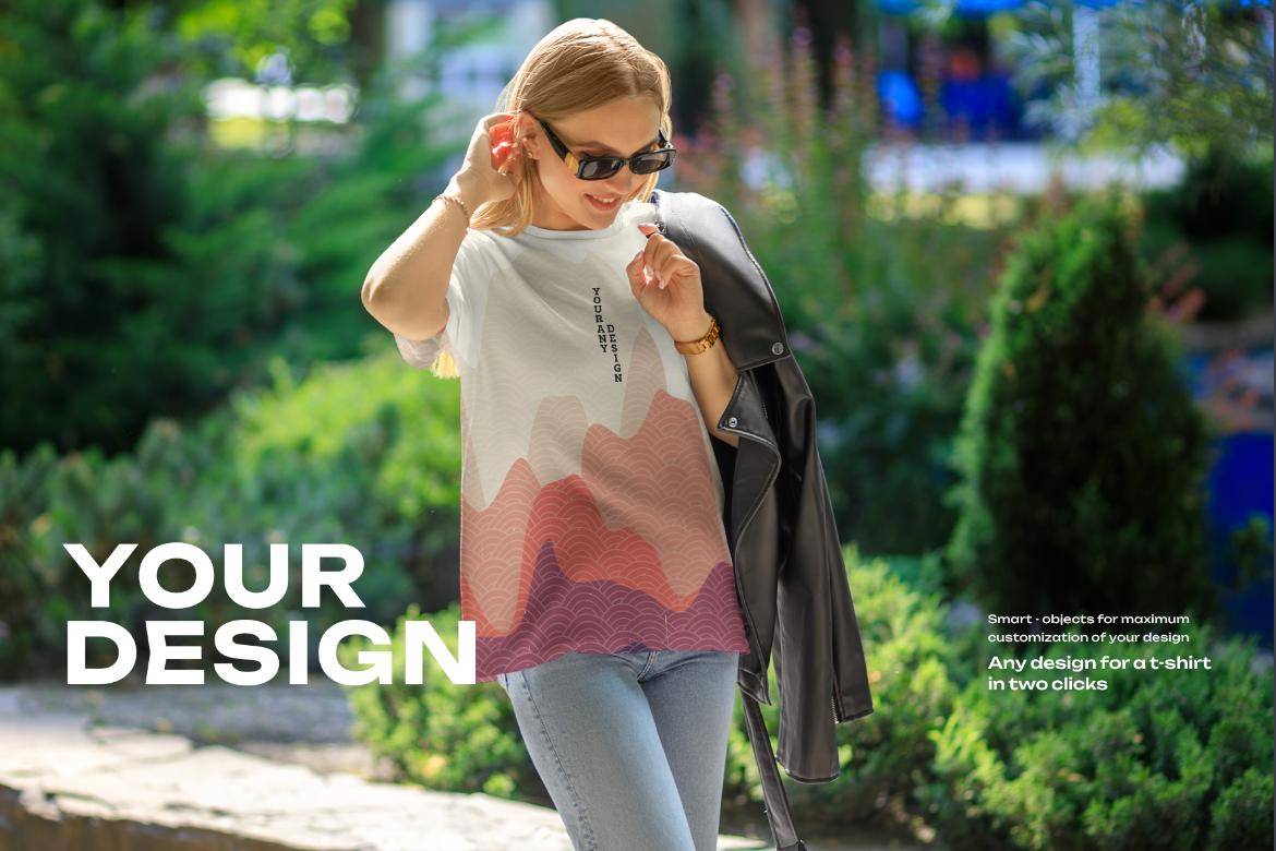 7款户外拍摄女式半袖T恤上衣印花图案设计展示效果图PSD样机素材 7 Mockups T-Shirt on a Girl Walking in the Outdoor. vol 06 样机素材 第4张-素材湾丨精选海外优质设计素材资源 7款户外拍摄女式半袖T恤上衣印花图案设计展示效果图PSD样机素材 7 Mockups T-Shirt on a Girl Walking in the Outdoor. vol 06 样机素材 sucaiwan.com