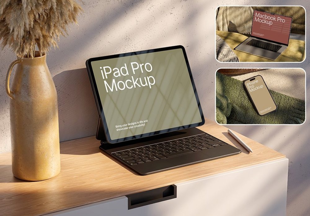 3款北欧风UI作品集界面广告设计iPhone手机iPad平板MacBook电脑展示PSD样机模板 Soft Light Tech Display Mockups 样机素材 sucaiwan.com