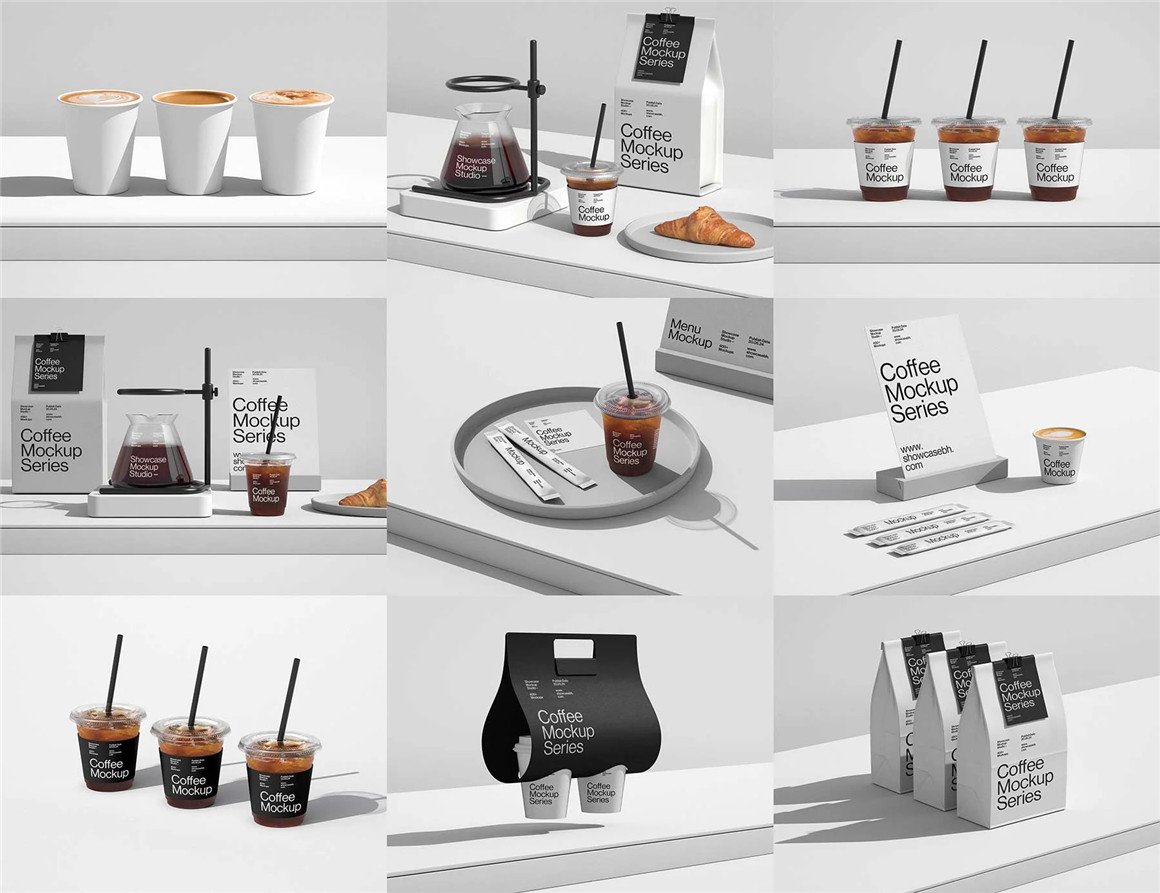 12款优雅精致质感咖啡VI视觉品牌纸杯咖啡杯纸袋包装袋塑料杯菜单PSD样机套装 Coffee Mockup Series , sucaiwan.com