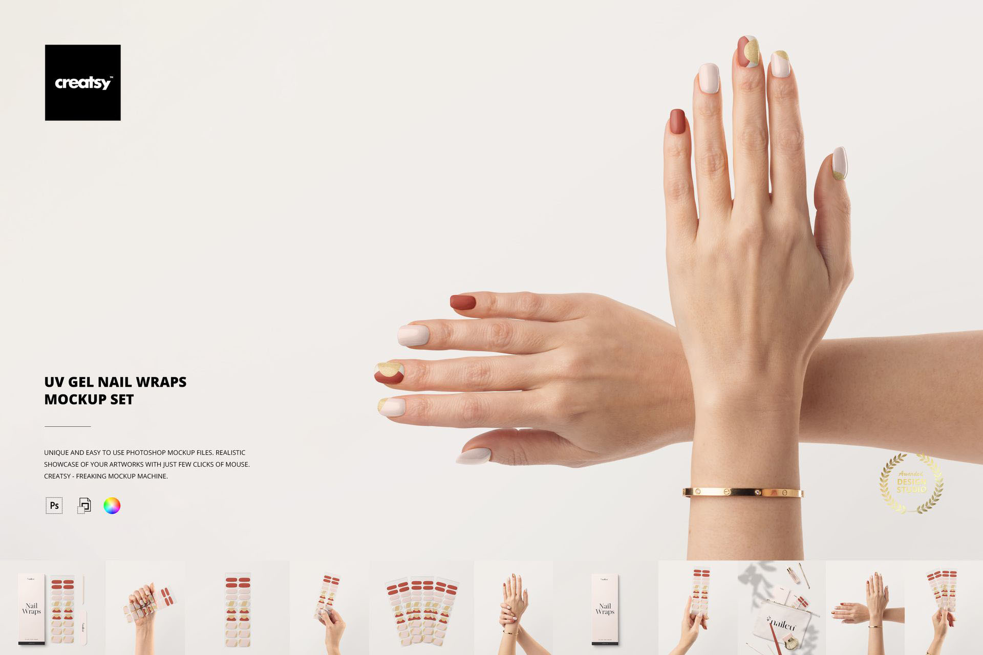 11高级指甲延长片贴片穿戴甲美甲包装品牌Vi设计电商展示PSD样机模板 UV Gel Nail Wraps Mockup Set , sucaiwan.com