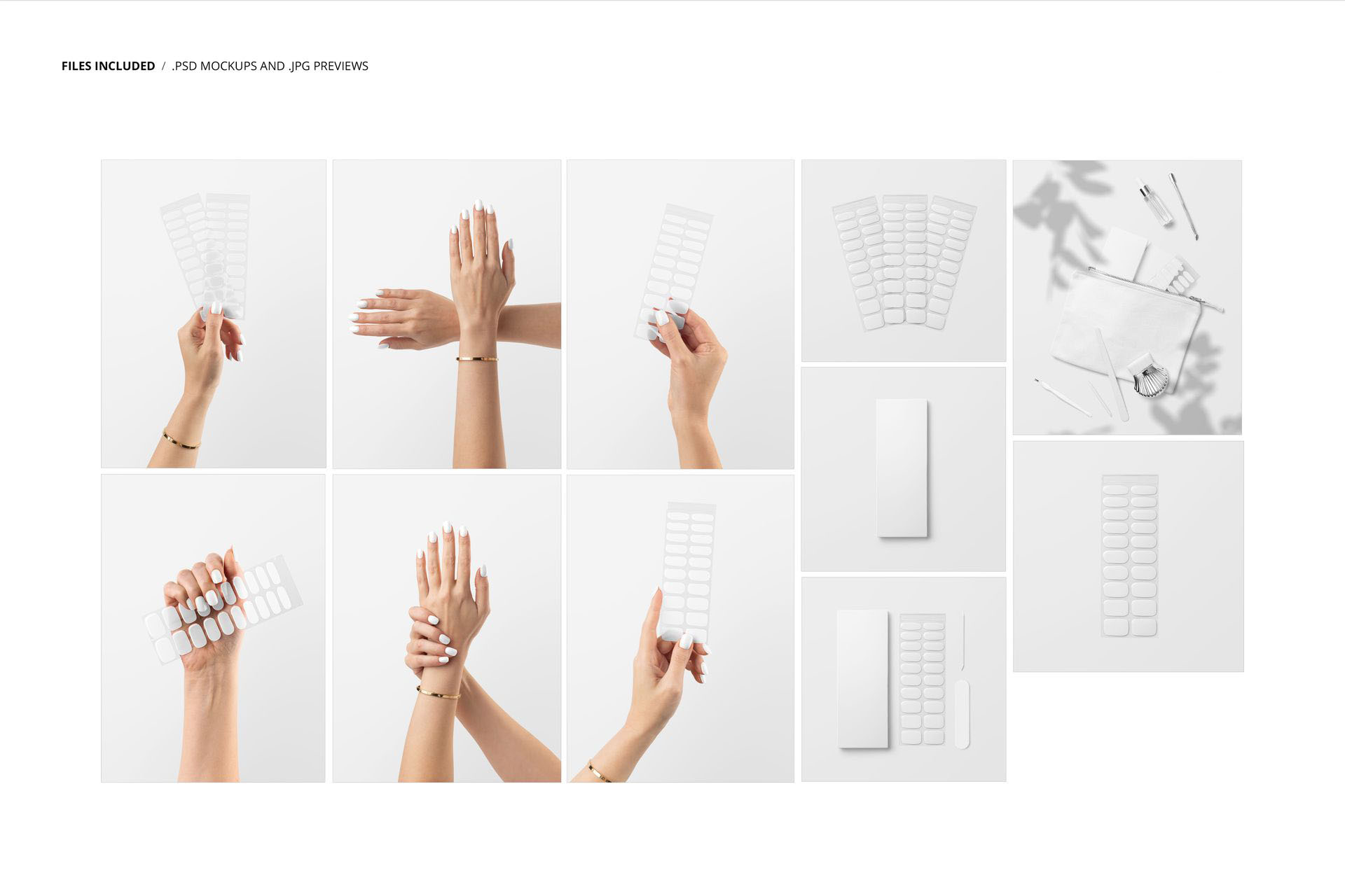 11高级指甲延长片贴片穿戴甲美甲包装品牌Vi设计电商展示PSD样机模板 UV Gel Nail Wraps Mockup Set , sucaiwan.com