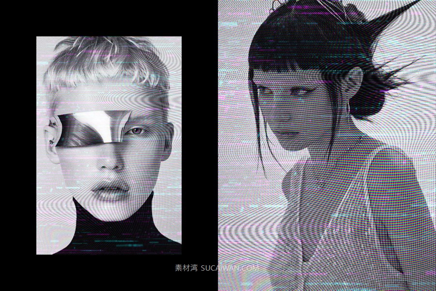 矩阵故障屏幕照片效果ps特效滤镜样机 Cybercore Glitched Photo Effect 插件预设 sucaiwan.com