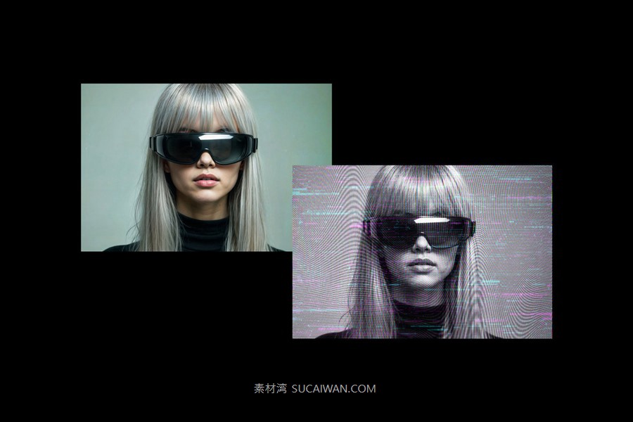 矩阵故障屏幕照片效果ps特效滤镜样机 Cybercore Glitched Photo Effect 插件预设 sucaiwan.com