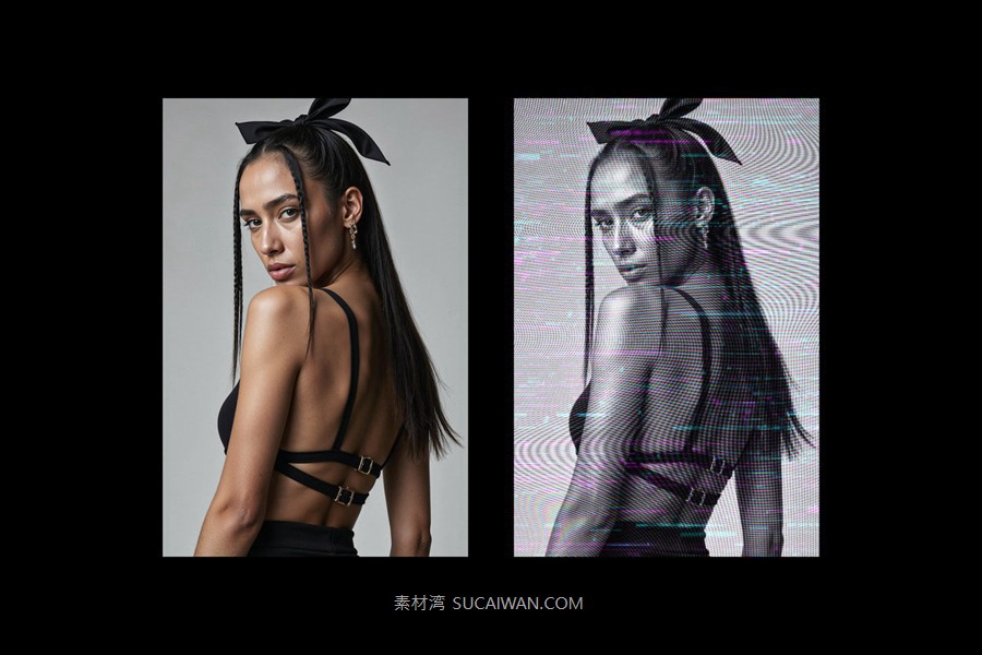 矩阵故障屏幕照片效果ps特效滤镜样机 Cybercore Glitched Photo Effect 插件预设 sucaiwan.com