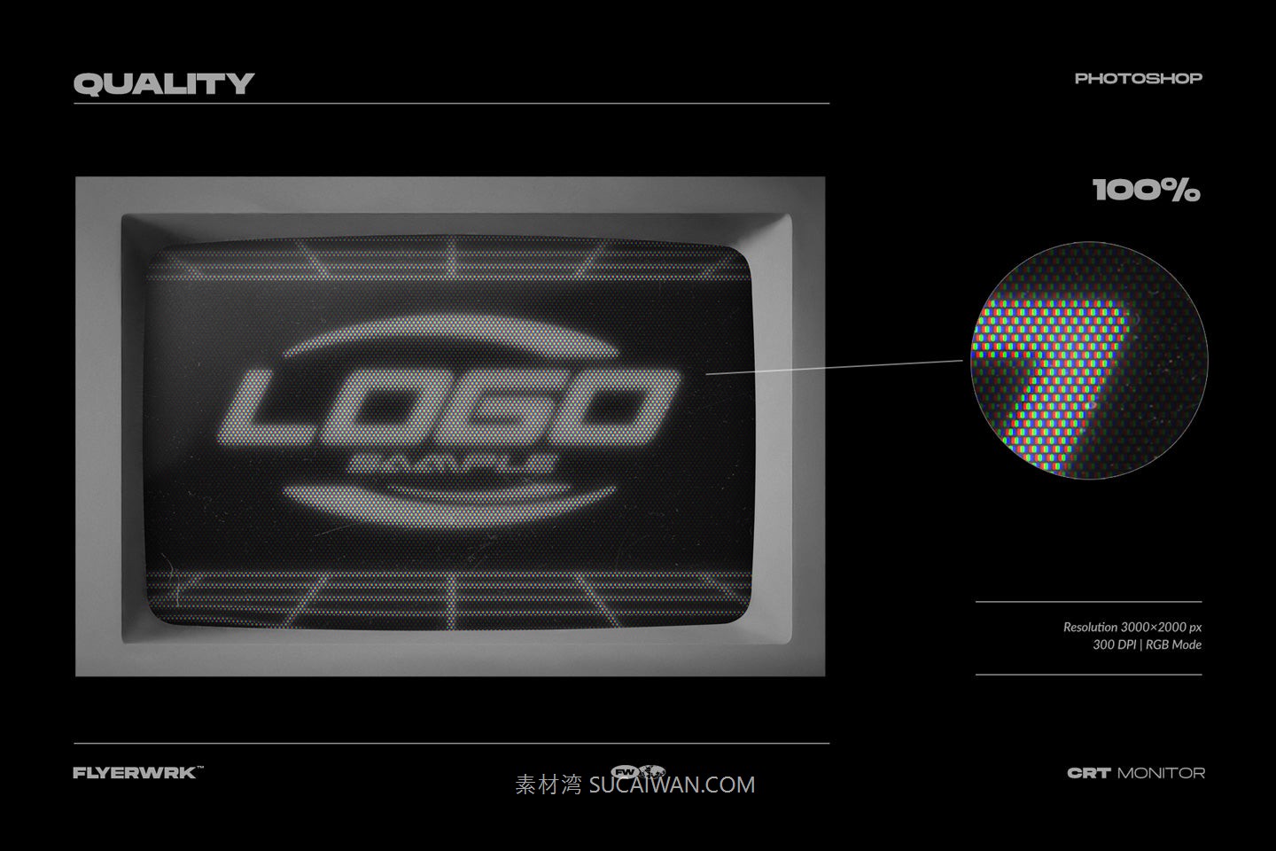 FLYERWRK – CRT Monitor Mockup 复古CRT信号故障模拟半调像素风文本字体特效PS滤镜样机模板 插件预设 sucaiwan.com