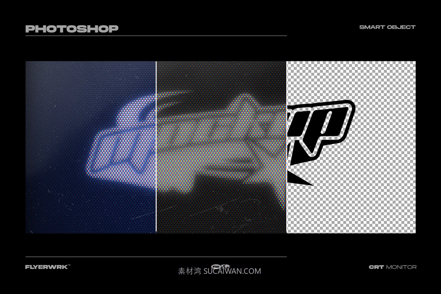 FLYERWRK – CRT Monitor Mockup 复古CRT信号故障模拟半调像素风文本字体特效PS滤镜样机模板 插件预设 sucaiwan.com