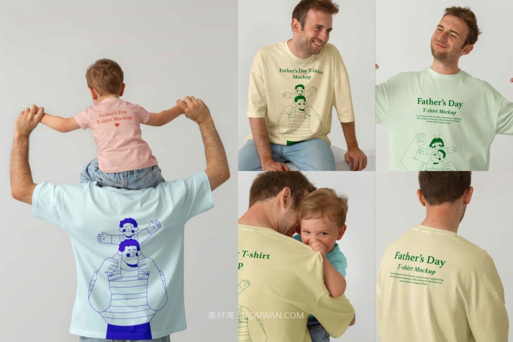 6款亲子男士T恤半袖童装印花图案设计展示效果图PSD样机模板 T-shirt Mockup 样机素材 sucaiwan.com