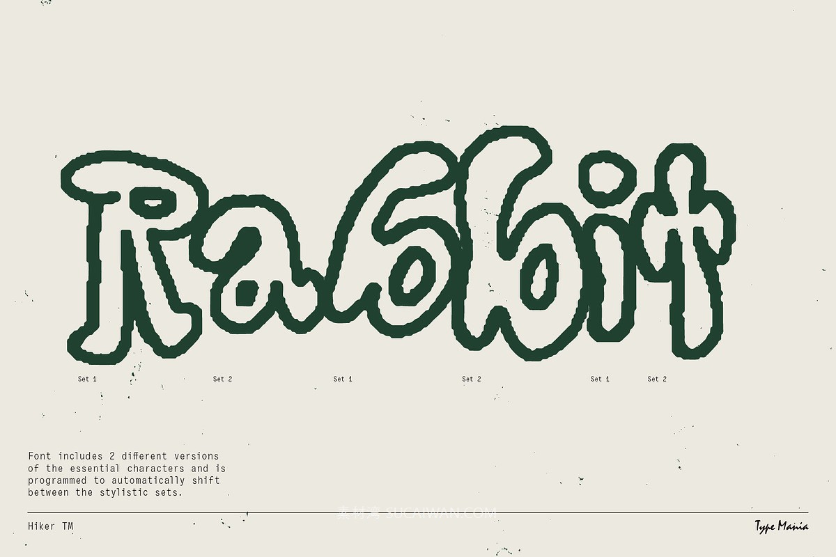 英文字体：复古做旧蹩脚凌乱手绘氛围线条笔迹字母毛边海报封面字体 Hiker TM – Quirky Script , sucaiwan.com