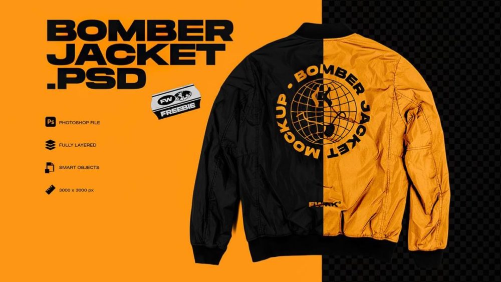 潮流街头嘻哈圆领夹克衫印花图案设计PS智能贴图效果图样机模板 FLYERWRK – Bomber Jacket Mockup , sucaiwan.com