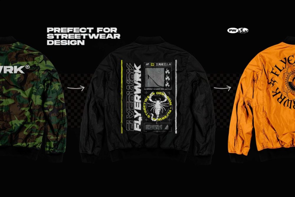 潮流街头嘻哈圆领夹克衫印花图案设计PS智能贴图效果图样机模板 FLYERWRK – Bomber Jacket Mockup , sucaiwan.com